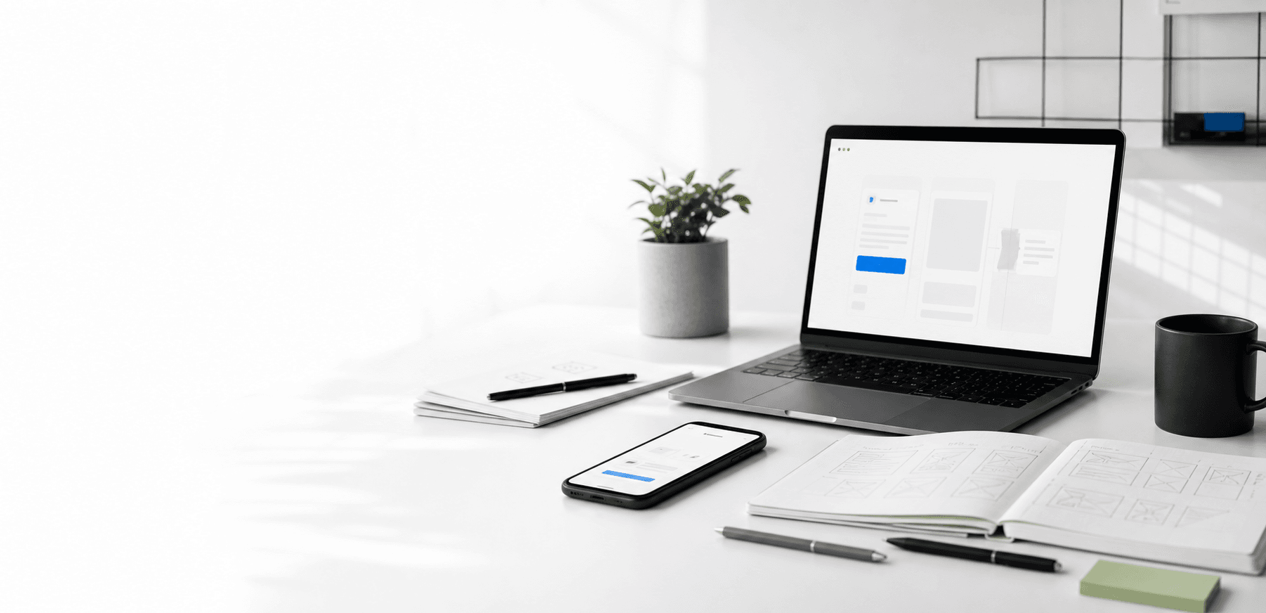 A clean software product workspace with laptop, phone, and interface sketches